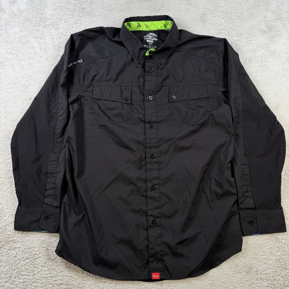 Huk Shirt Mens Large Black Long Sleeve Performance Fishing Vented Button Down
